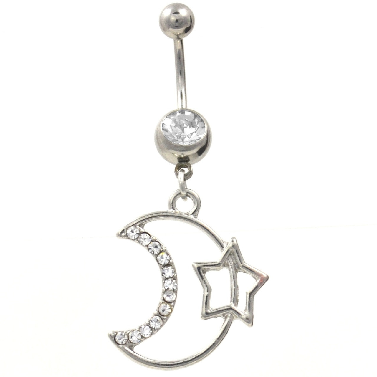 Clear Gems Star & Moon Beaded Chains Belly Ring