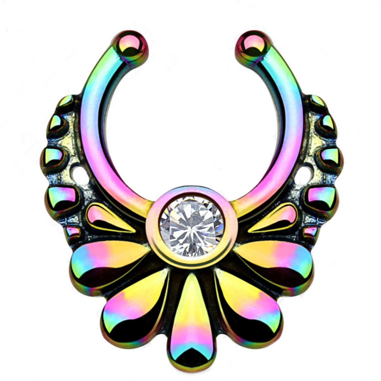 Rainbow Floral Crystal Fake Septum Hanger Ring