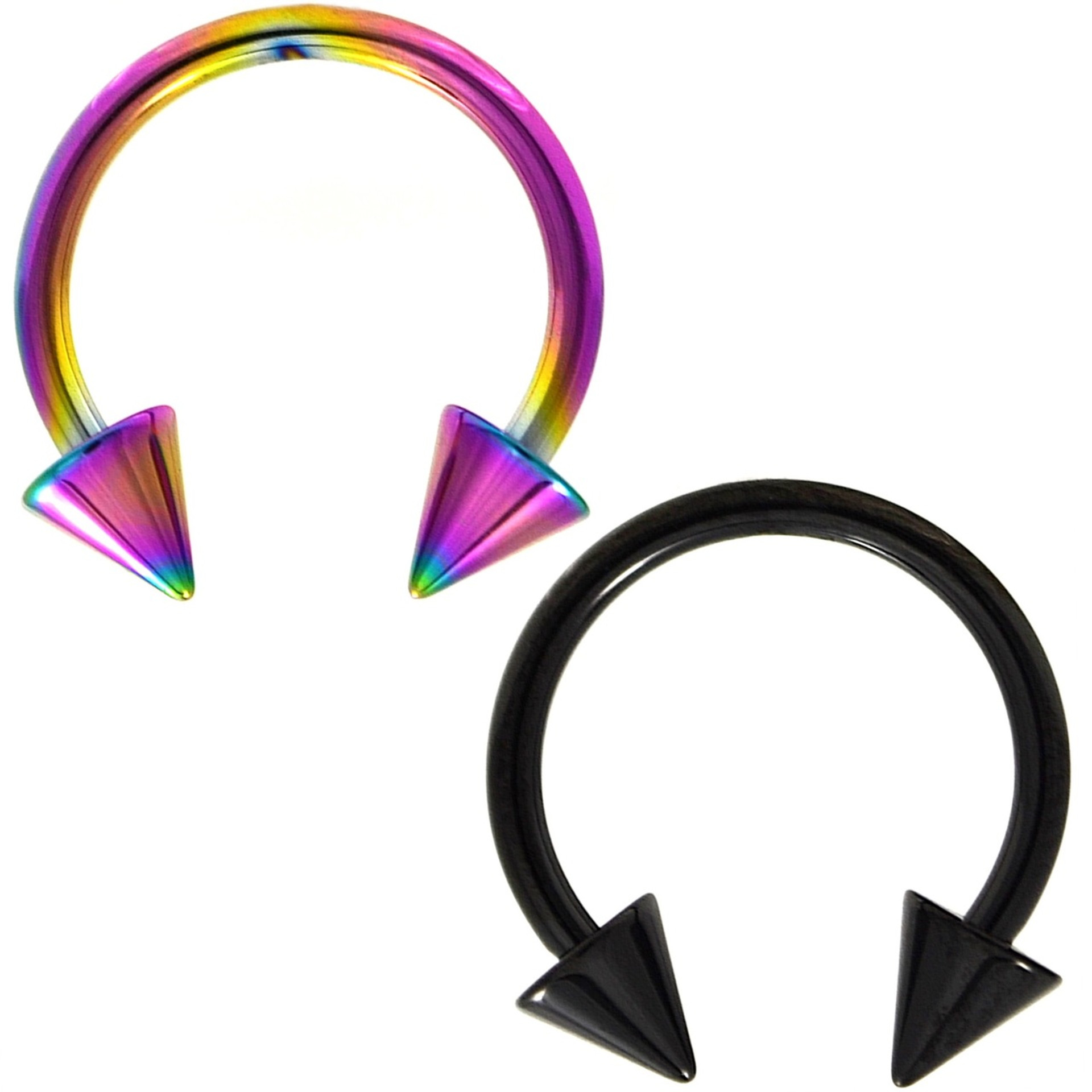 PAIR - Black & Rainbow Spike End Horseshoe Rings | BodyDazz.com