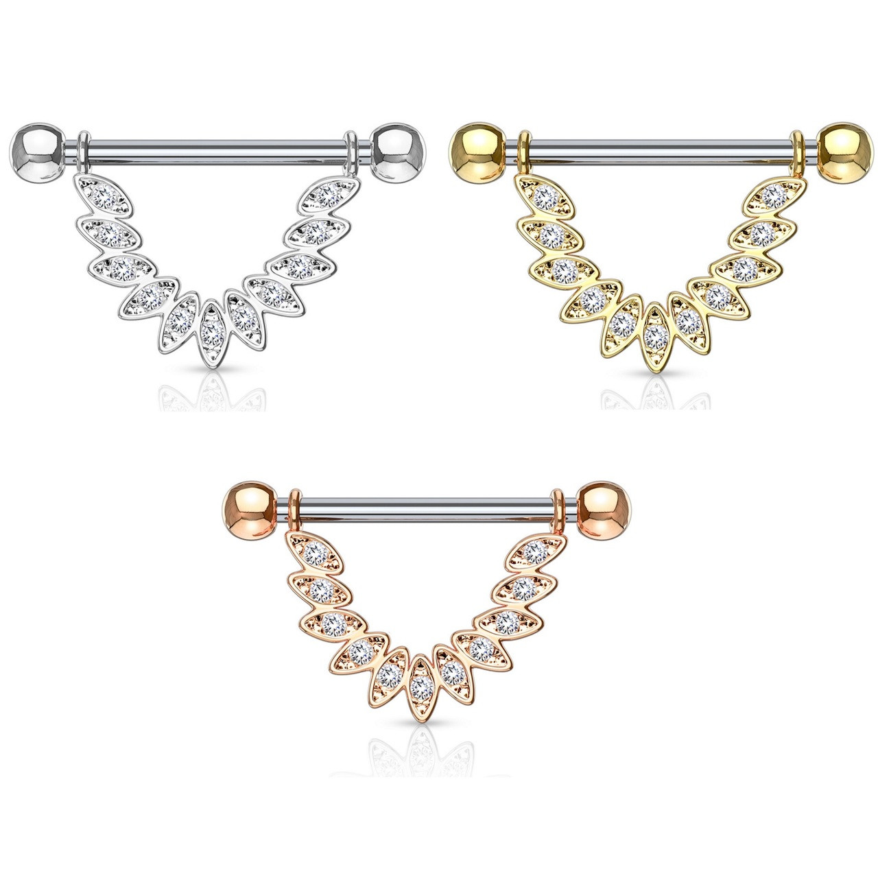 14k Y Sunrise Side Set Nipple Barbell (pair) 14ga 15mm C-#17 O-CZ - Westcoast Piercing - Foto 3