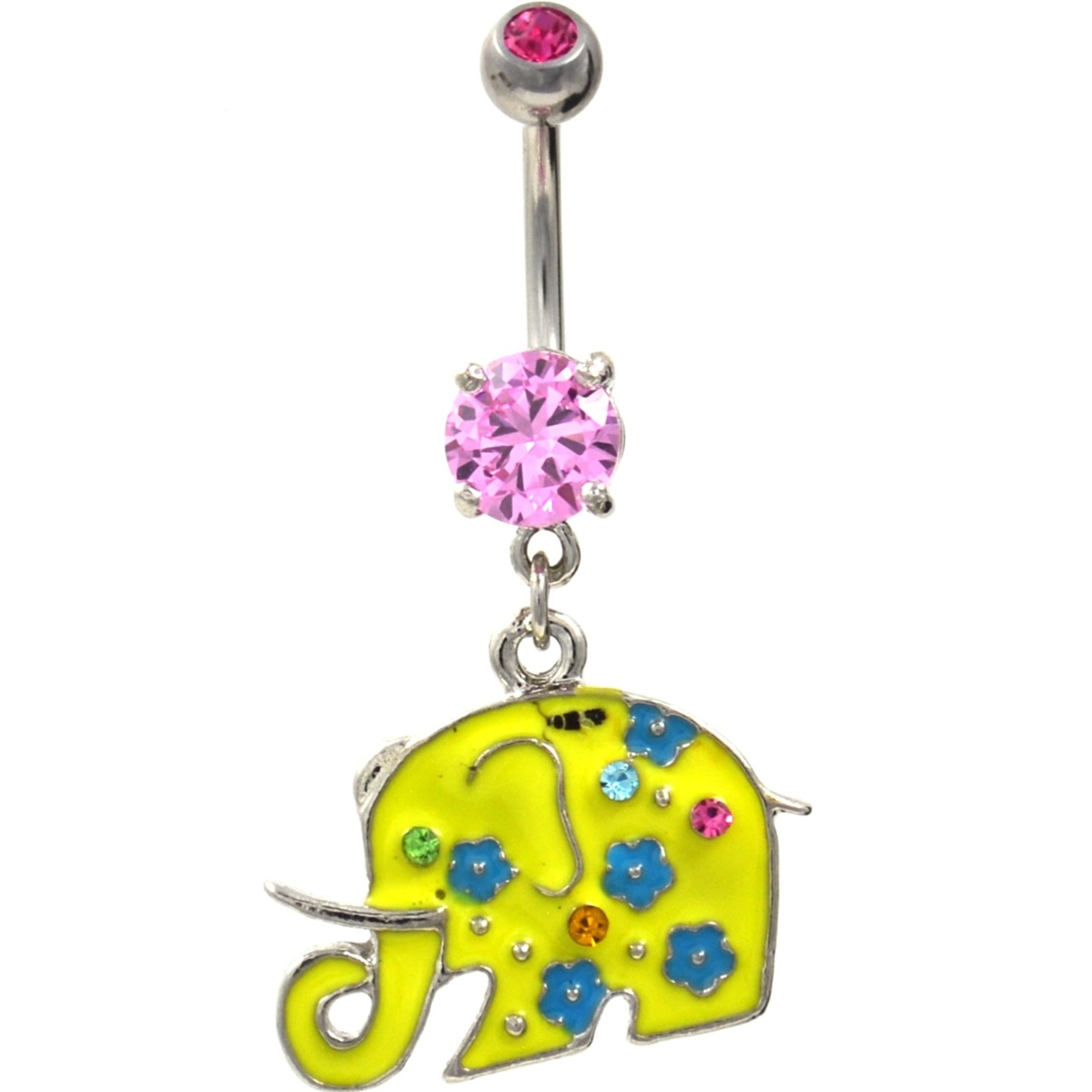 Pretty Yellow Elephant Pink Gems Belly Ring