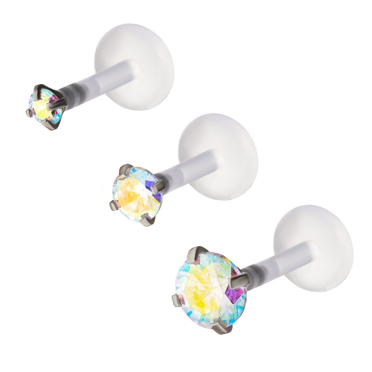 3PC Prong Set CZ(2mm-4mm) AB Biopiece Labret Monroe | BodyDazz.com