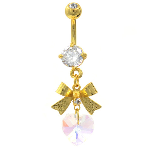 Gold Plated Ribbon & Prism Heart Dangle Belly Ring