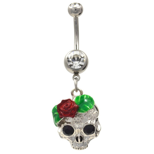 Skull & Red Rose Black Gems Belly Ring