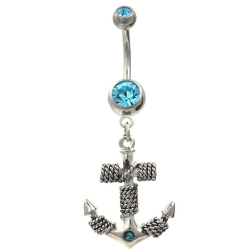 Stainless Steel Roped Anchor Belly Ring w/Aqua Gems