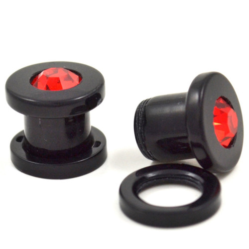 Black Acrylic Red Gem Screw Ear Plugs (8g-00g)