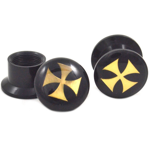 Black and Gold Iron Cross Logo Ear Plugs (8g-5/8")