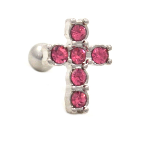 Pink Gems Square Cross Cartilage Tragus Barbell 16g 