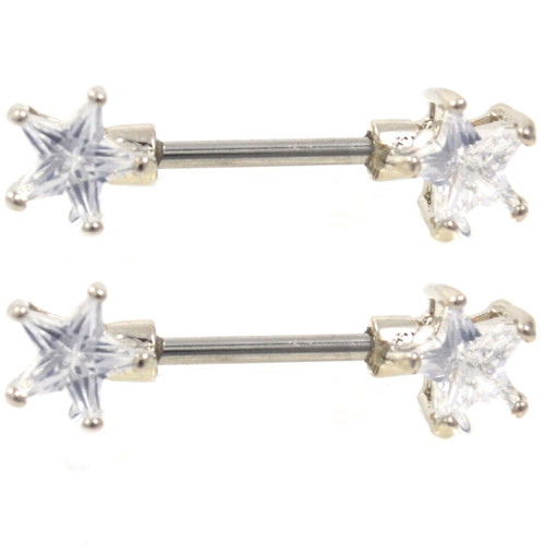 PAIR - Clear Double Gem Star Steel Nipple Bars 14g 1/2"