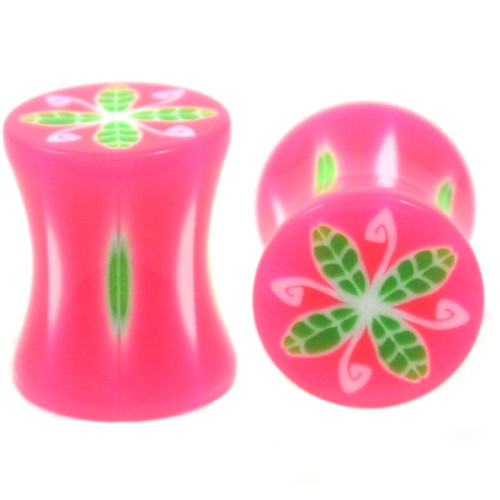 Pink Floral Design Logo Acrylic Saddle Plugs (8g-00g)