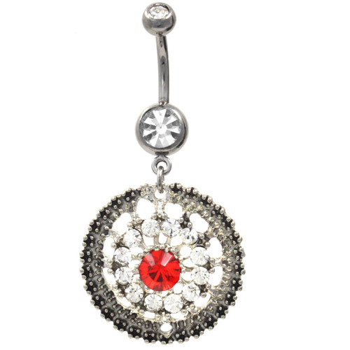 Clear/Red Gem Encrusted Medallion Belly Ring 