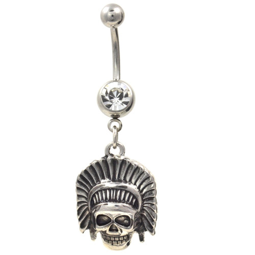 The Chief Skull Clear CZ Gem Belly Button Ring 