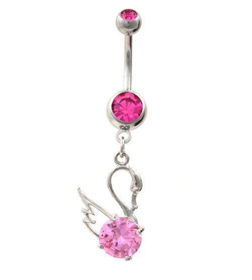 Pink Gems Swan Bird Steel Dangle Belly Ring