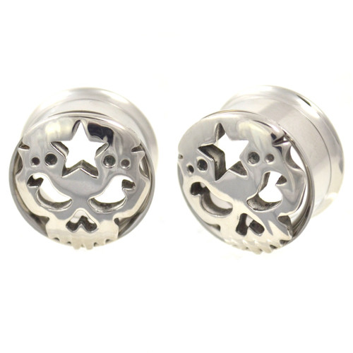 Wicked Skull & Star Screw Fit Tunnel Plugs (8mm-20mm)