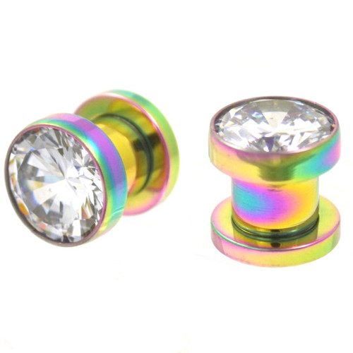 Rainbow Plated Clear CZ Round Stone Plugs (8g-00g)