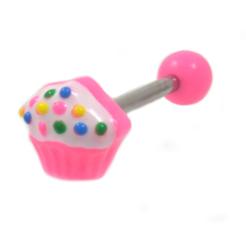 Frosted Pink Cupcake Tongue Ring Barbell 14g 5/8"