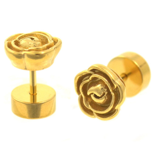 Gold Plated Carved Metal Rose Fake Plug Earrings