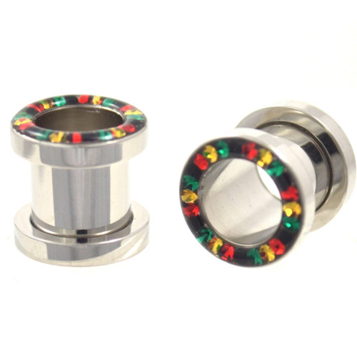 Rasta Colored Gem Rim Screw On Tunnels (2g-1/2")