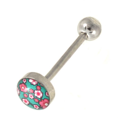 Blue & Pink Cherry Blossoms Logo Tongue Ring 14g 5/8"