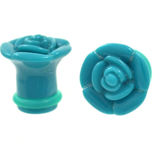 Teal Rosebud Single Flared Acrylic Plugs (6g-1")