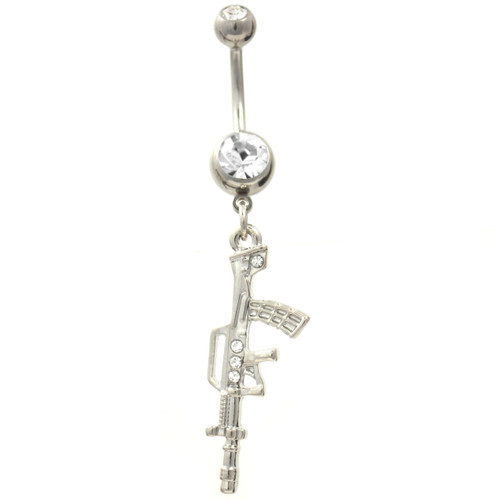 Stainless Steel Assault Rifle Belly Ring w/Clear Gems