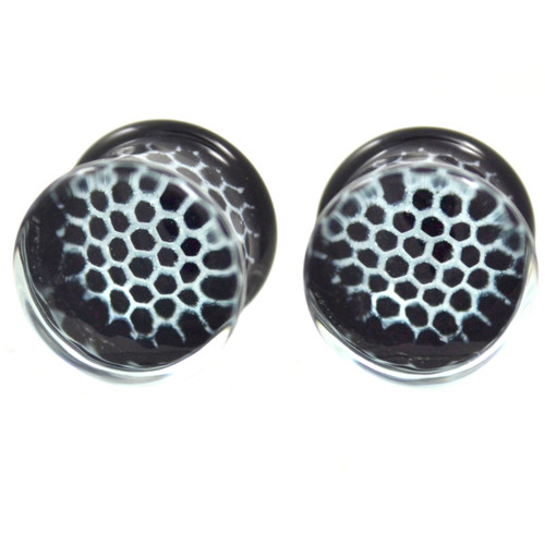 Black/White Honeycomb Pyrex Glass Plugs (2g-5/8")