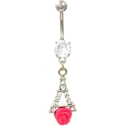 Gem Paved Eiffel Tower Pink Rose Belly Ring