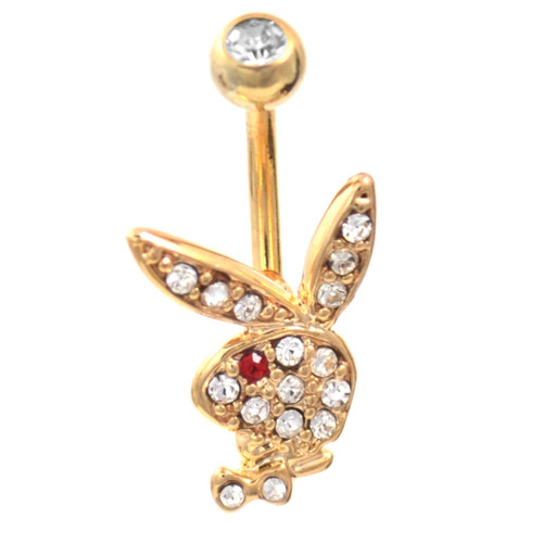 Fancy Gold Playboy Bunny Red/Clear CZ Belly Ring 