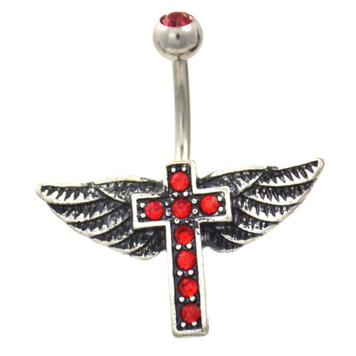 Angel Winged Cross Belly Ring (Red Gems)