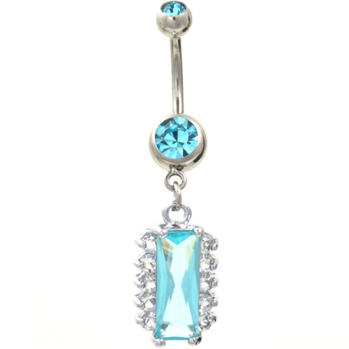 Aqua Rectangular Cut Gem Charm Dangle Belly Ring 