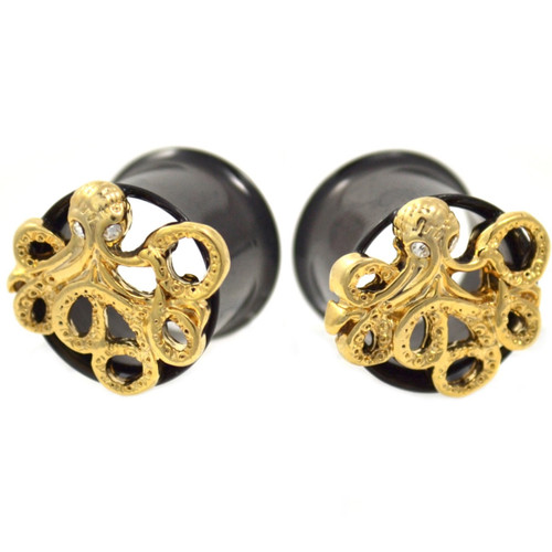 Gold Plated Octopus Black Steel Tunnels (2g-5/8")