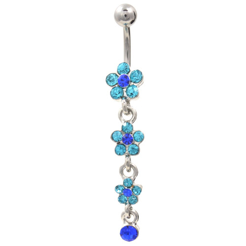Blue Triple Flower Petals Chain Belly Ring