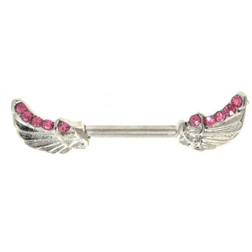 Pink Gemmed Angel Wings Nipple Ring Bar 14g 1/2"