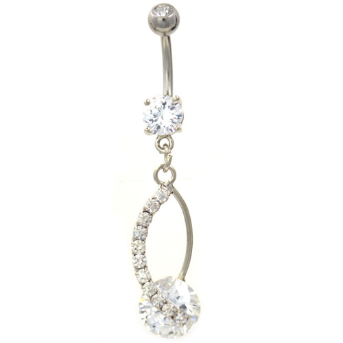 Paved Oval Dangle Clear Gem Drop Belly Ring 
