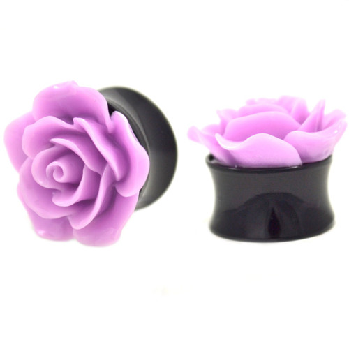 Purple Rose Flower Top Black Acrylic Plugs (0g-1")