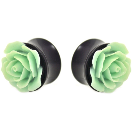 Mint Green Rose Flower Top Black Acrylic Plugs (0g-1")