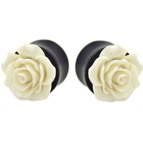 White Rose Flower Top Black Acrylic Plugs (0g-1")