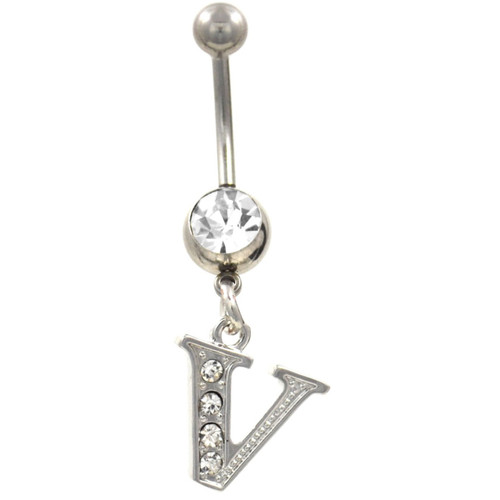 Initial Letter "V" Clear Gems Belly Button Ring