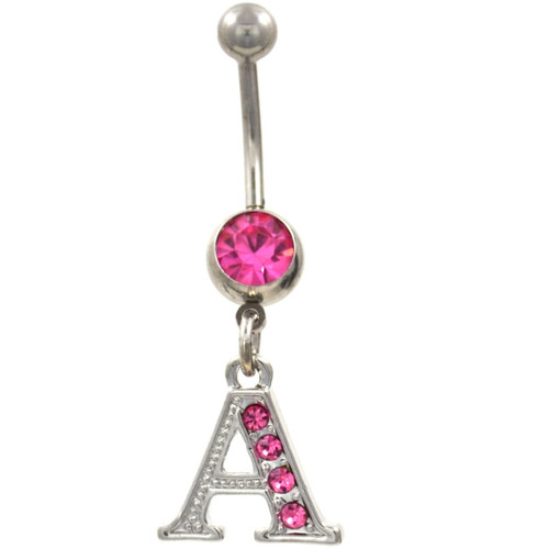 Initial Letter "A" Pink Gems Belly Button Ring