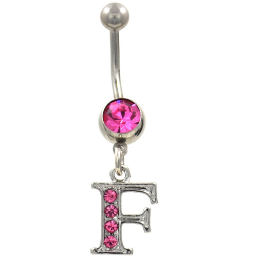 Initial Letter "F" Pink Gems Belly Button Ring