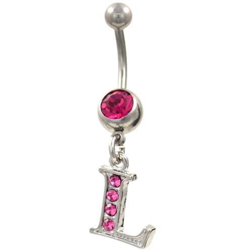Initial Letter "L" Pink Gems Belly Button Ring