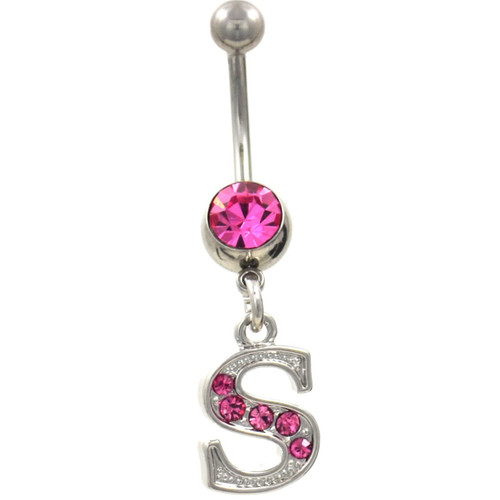 Initial Letter "S" Pink Gems Belly Button Ring