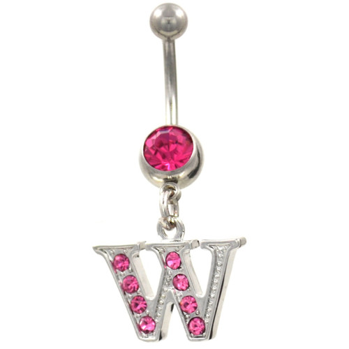 Initial Letter "W" Pink Gems Belly Button Ring