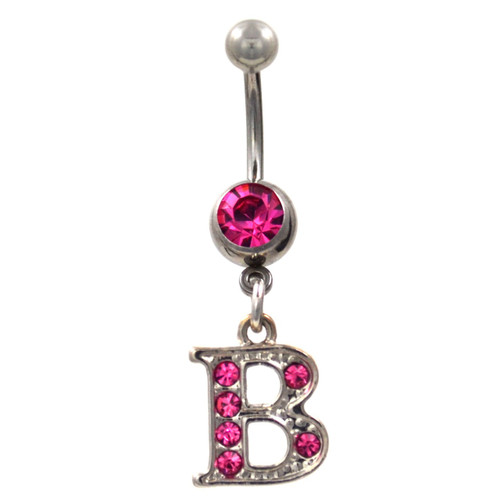 Initial Letter "B" Pink Gems Belly Button Ring