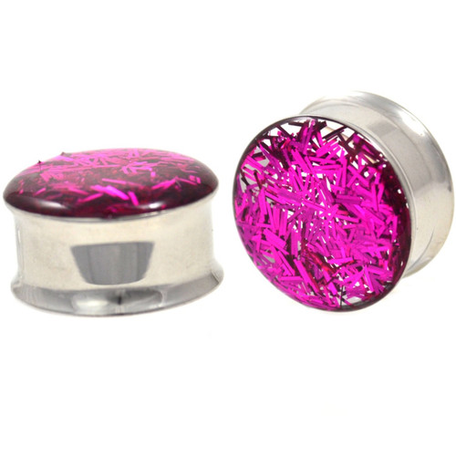 Hot Pink Confetti Filled Steel Plugs (0g-1")
