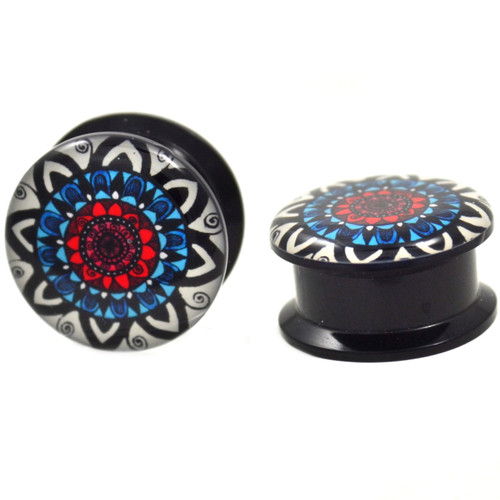 Ornate Mandala Design Black Acrylic Plugs (2g-1")