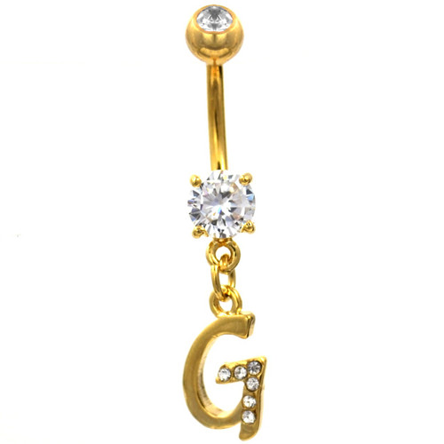 Initial Letter "G" Gemmed Gold Belly Button Ring