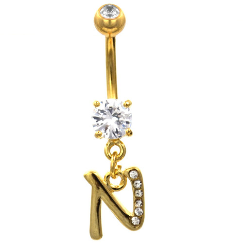 Initial Letter "N" Gemmed Gold Belly Button Ring