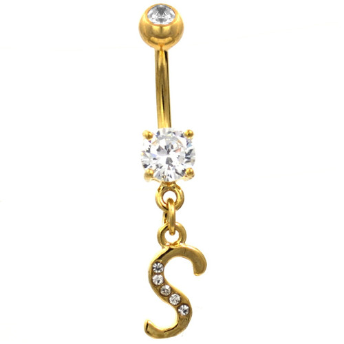 Initial Letter "S" Gemmed Gold Belly Button Ring