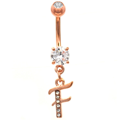 Initial Letter "F" Gemmed Rose Gold Belly Button Ring